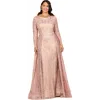 Lara New York Long Sleeve Gown With Overskirt & Illusion Neckline In Pink
