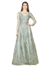 Lara New York Long Sleeve Lace Ballgown With V-neck In Sage