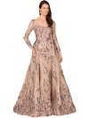 Lara New York Long Sleeve Lace Gown With Overskirt In Tan