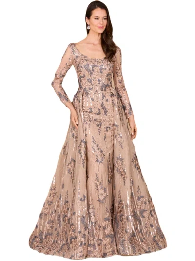 Lara New York Long Sleeve Lace Gown With Overskirt In Tan