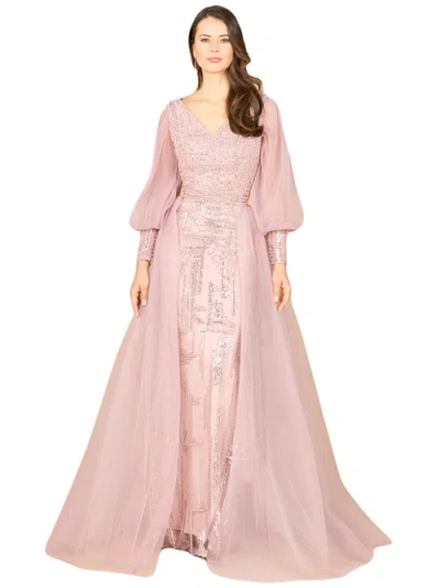 Lara New York Long Sleeve Lace Gown With Removable Over Skirt In Dustypurple