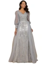 Lara New York Long Sleeve Lace Gown With Removable Over Skirt In Silver
