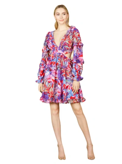 Lara New York Long Sleeve Print Cocktail Short With Lace Up Back And Cutouts In Red