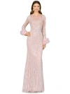 Lara New York Long Sleeve Sheath Gown With Feathers In Purplemist