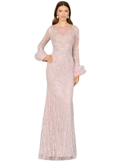 Lara New York Long Sleeve Sheath Gown With Feathers In Purplemist