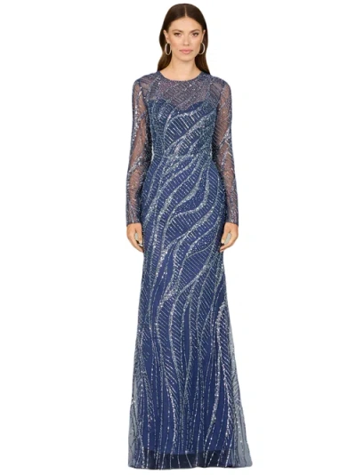 Lara New York Long Sleeve Sheath Gown With Silver Beads In Blue