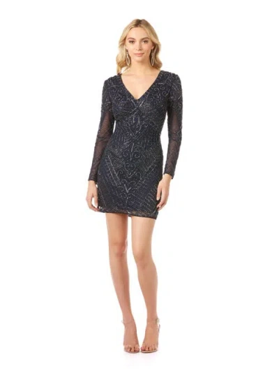 Lara New York Long Sleeve V-neck Beaded Cocktail Dress In Navy
