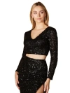 Lara New York Long Sleeve V-neck Beaded Top In Black