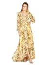 Lara New York Long Sleeve V-neck, Layered Skirt Print Dress In Yellow