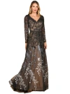 Lara New York Long Sleeve V-neck Ombre Lace Gown In Black