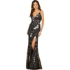 Lara New York Mirror Beaded Gown With High Slit In Black