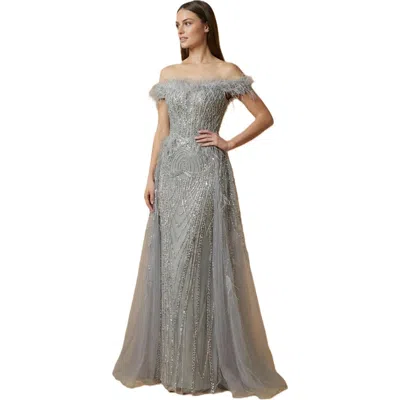 Lara New York Off Shoulder Gown With Feathers In Gray