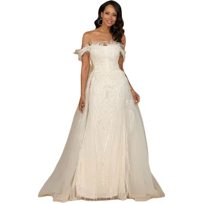 Lara New York Off Shoulder Gown With Feathers In White