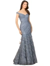Lara New York Off Shoulder Mermaid Beaded Gown With Feathers In Slate