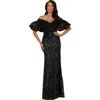 Lara New York Off Shoulder Mermaid Beaded Gown With Tiered Sleeves In Black