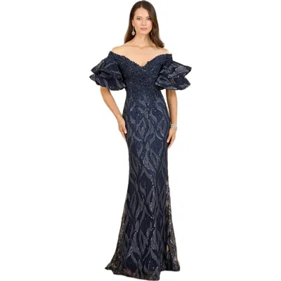 Lara New York Off Shoulder Mermaid Beaded Gown With Tiered Sleeves In Blue