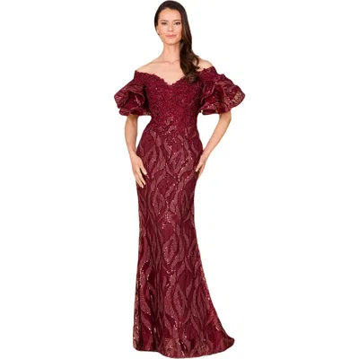 Lara New York Off Shoulder Mermaid Beaded Gown With Tiered Sleeves In Burgundy