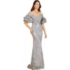 Lara New York Off Shoulder Mermaid Beaded Gown With Tiered Sleeves In Gray