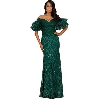 Lara New York Off Shoulder Mermaid Beaded Gown With Tiered Sleeves In Green