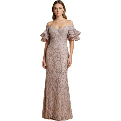 Lara New York Off Shoulder Mermaid Beaded Gown With Tiered Sleeves In Neutral