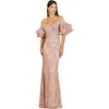 Lara New York Off Shoulder Mermaid Beaded Gown With Tiered Sleeves In Pink