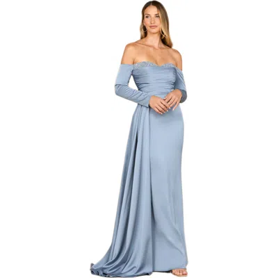 Lara New York Off Shoulder Satin Dress With Beaded Details In Blue