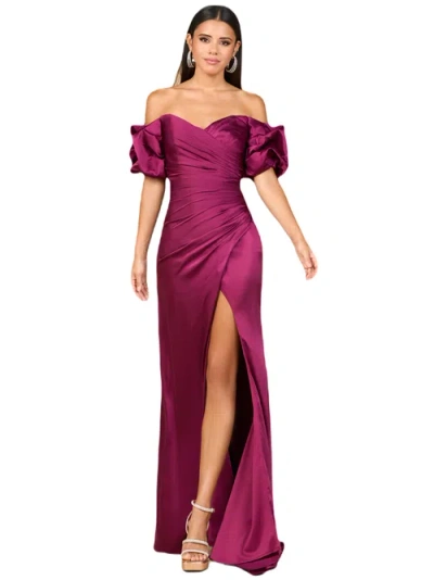Lara New York Off Shoulder Satin Dress With Slit In Burgundy