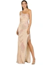 Lara New York One Shoulder Beaded Gown With Fringe Slit In Nude/multi
