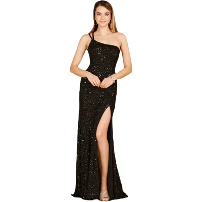 Lara New York One-shoulder Beaded Gown With Slit In Black