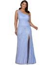 Lara New York One-shoulder Beaded Gown With Slit In Blue Iris