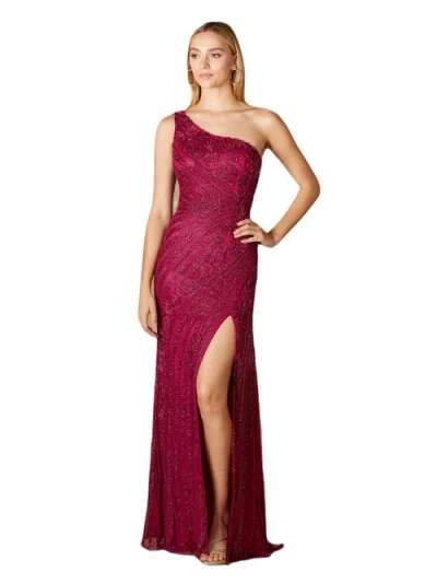 Lara New York One-shoulder Beaded Gown With Slit In Fuchsia