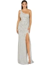 Lara New York One-shoulder Beaded Gown With Slit In Silver