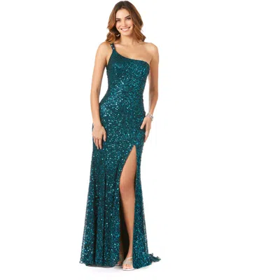 Lara New York One-shoulder Beaded Gown With Slit In Teal