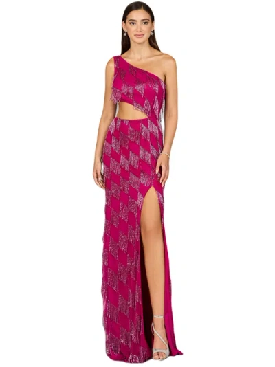 Lara New York One Shoulder Fringe Gown In Raspberry