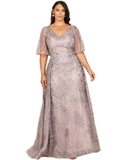Lara New York Overskirt Lace Fitted V-neck Gown With Cape Sleeves In Purple