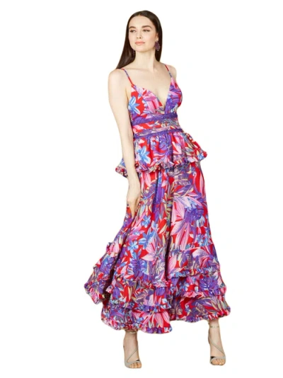 Lara New York Ruffle Skirt Printed Gown In Red