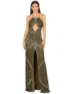 Lara New York Symmetrical Halter Neck Beaded Gown In Olive