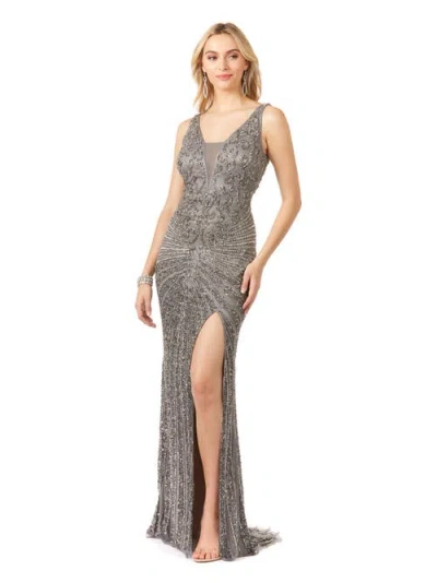 Lara New York Thigh High Slit Beaded Gown In Grey