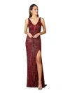 Lara New York Thigh High Slit Beaded Gown In Wine