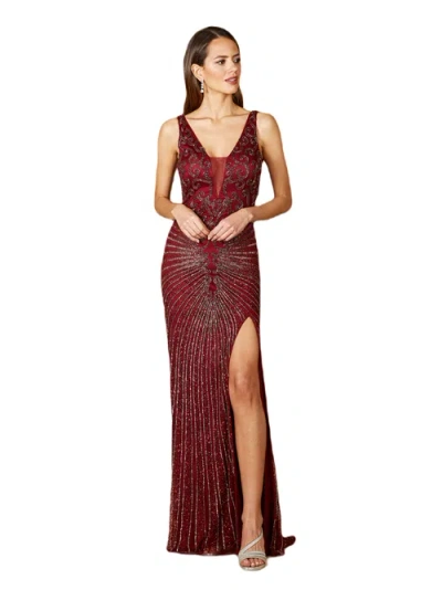 Lara New York Thigh High Slit Beaded Gown In Wine