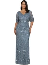 Lara New York V-neck, Cape Sleeve Beaded Gown In Dusty Periwinkle