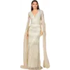 Lara New York V-neck Gown With Long Cape Sleeves And Feathers In Green