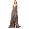 Lara New York V-neck Long Print Gown Hi-low Wrap In Blackprint