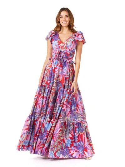 Lara New York V-neck Long Print Gown With Cap Sleeves