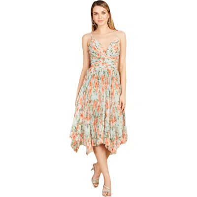 Lara New York V-neck Printed Midi Length Dress With Pleats In Mint