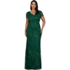 Lara New York V-neck, Short Sleeve Beaded Gown In Dark Green