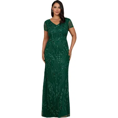Lara New York V-neck, Short Sleeve Beaded Gown In Dark Green