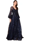 Lara New York V Neckline Long Sleeve Gown In Navy