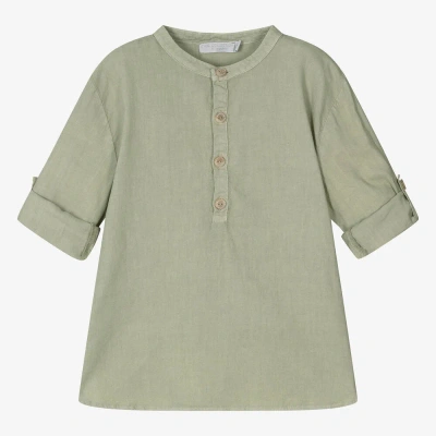 Laranjinha Kids' Boys Green Linen Collarless Shirt