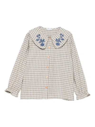 Laranjinha Kids' Embroidered Checked Shirt  In Gray